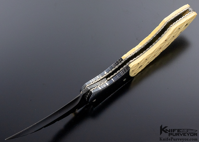 Jerry Corbit Custom Knife Hawkbill Blued Mosaic Damascus with Checker Board 18Kt Gold Pins In Fossilized Walrus and 8 Rubies - Image 5