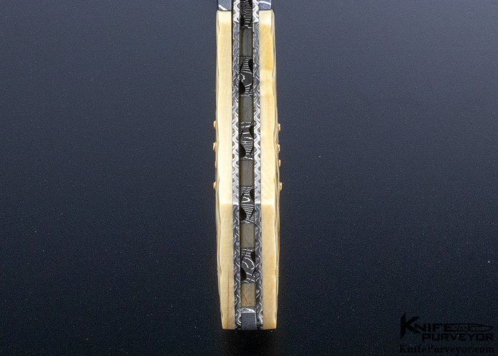 Jerry Corbit Custom Knife Hawkbill Blued Mosaic Damascus with Checker Board 18Kt Gold Pins In Fossilized Walrus and 8 Rubies - Image 6