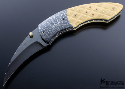 Jerry Corbit Custom Knife Hawkbill Blued Mosaic Damascus with Checker Board 18Kt Gold Pins In Fossilized Walrus and 8 Rubies