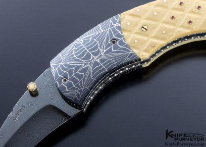 Jerry Corbit Custom Knife Hawkbill Blued Mosaic Damascus with Checker Board 18Kt Gold Pins In Fossilized Walrus and 8 Rubies - Image 2