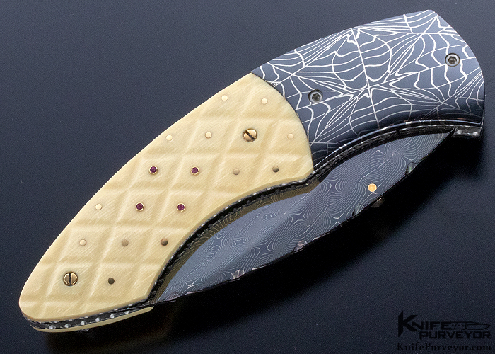 Jerry Corbit Custom Knife Hawkbill Blued Mosaic Damascus with Checker Board 18Kt Gold Pins In Fossilized Walrus and 8 Rubies - Image 3