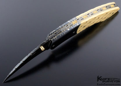 Jerry Corbit Custom Knife Hawkbill Blued Mosaic Damascus with Checker Board 18Kt Gold Pins In Fossilized Walrus and 8 Rubies - Image 4