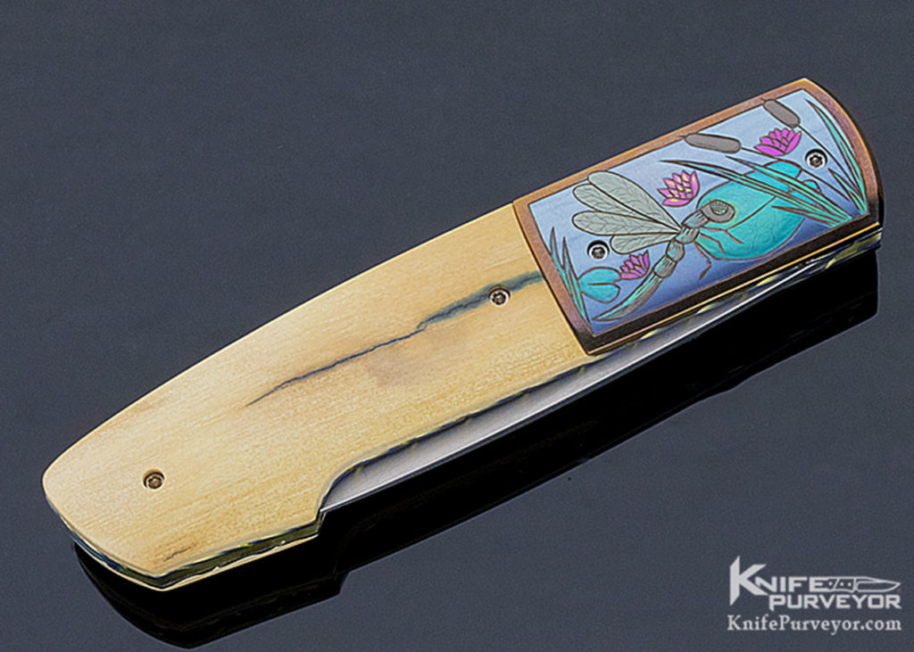Stan Fujisaka Custom Knife Judy Beaver Engraved "Dragonfly & Frog" Mammoth Linerlock Knife