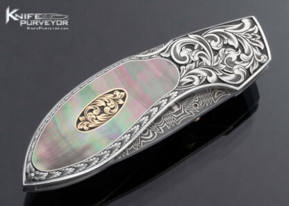 Jim Martin Custom Knife Damascus Black Lip Tahitian Pearl Shell Front Lock with Thumb Stud - Image 3