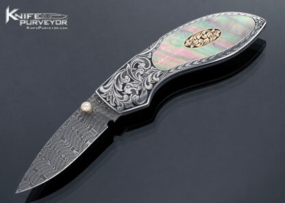 Jim Martin Custom Knife Damascus Black Lip Tahitian Pearl Shell Front Lock with Thumb Stud 16772