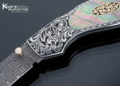 Jim Martin Custom Knife Damascus Black Lip Tahitian Pearl Shell Front Lock with Thumb Stud - Image 2