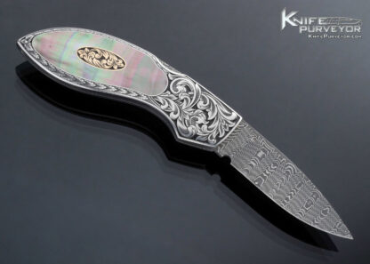 Jim Martin Custom Knife Damascus Black Lip Tahitian Pearl Shell Front Lock with Thumb Stud - Image 4