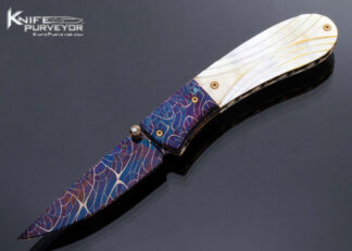Suchat Jangtanong Custom Knife Blued Damascus and Carved South Sea Gold Lip Pearl Linerlock 16777