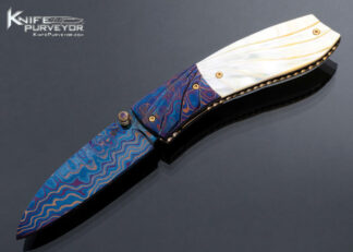Suchat Jangtanong Custom Knife Blued Damascus Carved South Sea Gold Lip Pearl Linerlock 16775