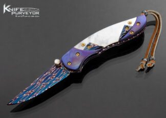 Suchat Jangtanong Custom Knife Blued Damascus Mother of Pearl Linerlock with Leather Lanyard 16779