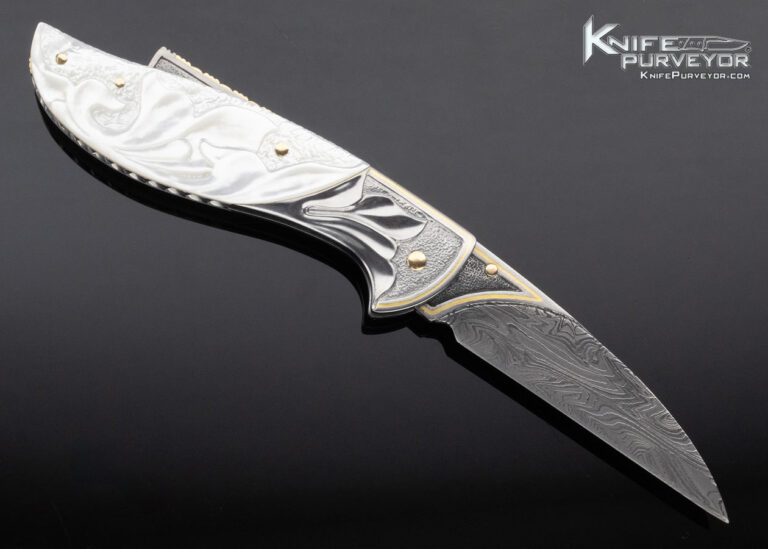 Larry Fuegen Custom Knife Fluted Pearl and Damascus Lockback with Gold