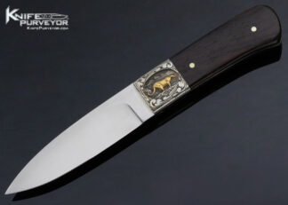 Tim Britton Custom Knife Mel Wood Engraved Gold Elk and Jaguar African Blackwood Hunter 13883
