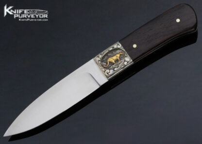 Tim Britton Custom Knife Mel Wood Engraved Gold Elk and Jaguar African Blackwood Hunter 13883