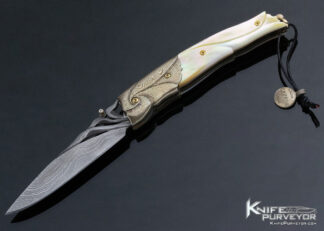 Donald Bell Custom Knife Carved Damascus, Mokume and South Sea Gold Lip Pearl Linerlock 14800