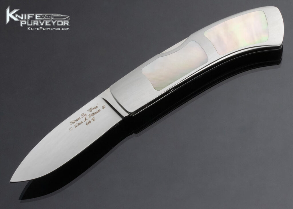 Leon Pittman Custom Knife Goldlip Pearl Frontlock Featured in Knives