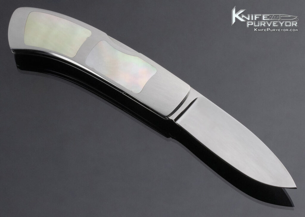 Leon Pittman Custom Knife Goldlip Pearl Frontlock Featured in Knives