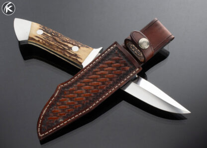 Herman-J.-Schneider-Custom-Knife-Stag-Fighter-with-Nickel-Silver-Fittings-and-Hand-Tooled-Leather-Sheath-15601