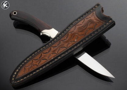 Kent-Draper-Custom-Knife-Cocobolo-and-Nickel-Silver-Bird-and-Trout-with-Hand-Tooled-Leather-Sheath-15604