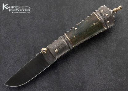 Barry-Davis-Custom-Knife-Sole-Authorship-Damascus-Mammoth-Lockback-with-14Kt-Gold-Spacers-Thumbstud-Pins-and-Bail-