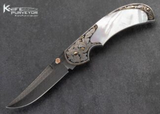 Tom Overeynder Custom Knife Jerry Rados Turkish Twist Damascus Black Lip Tahitian Pearl Lockback Engraved by Joe Mason with 24Kt Gold Inlays 15748