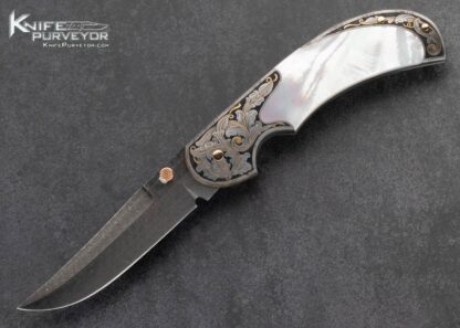 Tom Overeynder Custom Knife Jerry Rados Turkish Twist Damascus Black Lip Tahitian Pearl Lockback Engraved by Joe Mason with 24Kt Gold Inlays 15748