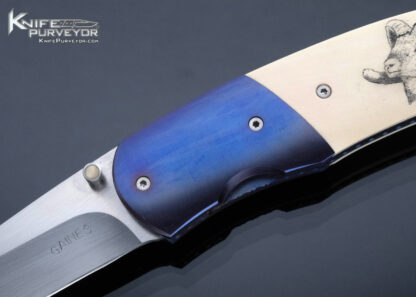 Buddy Gaines Custom Knife  GN2: Mammoth Gaines Engraved; Blue Anodized Titanium Bolsters/Liners - Image 2