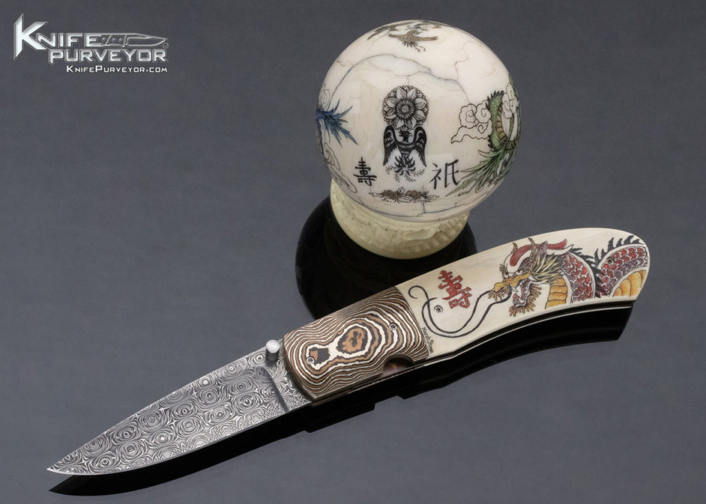 Stan Fujisaka Custom Knife Damascus Mokume Linerlock Scrimshawed by