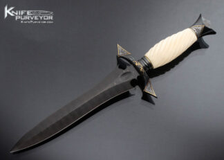 Willie Rigney Custom Knife Damascus and Fluted Mammoth Art Dagger Engraved by Julie Waresnki with 24 Kt Gold and Silver Inlay 16052