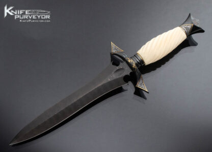Willie Rigney Custom Knife Damascus and Fluted Mammoth Art Dagger Engraved by Julie Waresnki with 24 Kt Gold and Silver Inlay 16052