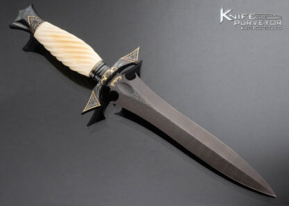 Willie Rigney Custom Knife Damascus and Fluted Mammoth Art Dagger Engraved by Julie Waresnki with 24 Kt Gold and Silver Inlay - Image 2