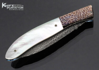 Fred Durio Custom Knife Mosaic Damascus Blade and Bolsters w Pearl Thumb Stud Mother of Pearl Linerlock - Image 4