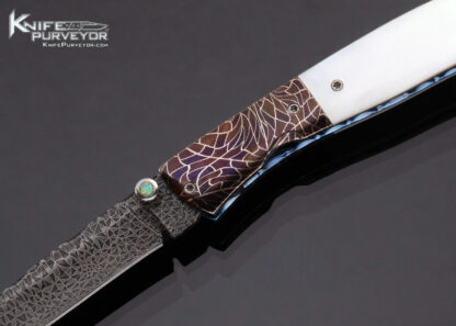 Fred Durio Custom Knife Mosaic Damascus Blade and Bolsters w Pearl Thumb Stud Mother of Pearl Linerlock - Image 2