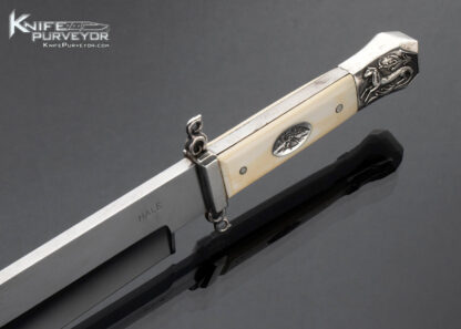 Lloyd Hale Custom Knife  Mammoth Carved Engraved Horse with Eagle Escutcheon Fighter - Image 5