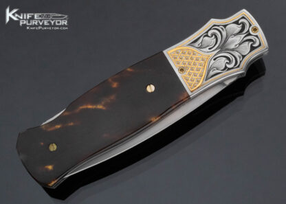 WD Pease Custom Knife Amber Lockback Engraved by Julie Warenski with 24Kt Gold Inlays - Image 3