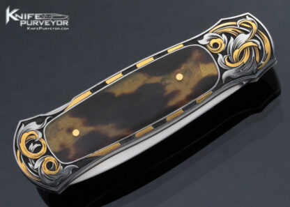 Warren Osborne Custom Knife Amber Interframe Lockback Engraved by Tim George with 24Kt Gold Inlays - Image 4