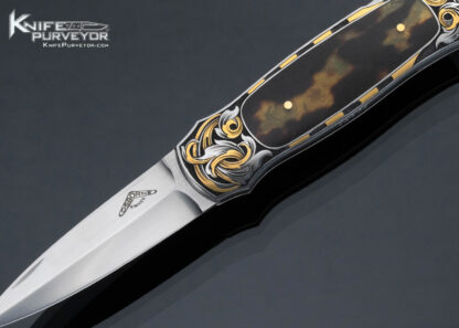 Warren Osborne Custom Knife Amber Interframe Lockback Engraved by Tim George with 24Kt Gold Inlays - Image 2