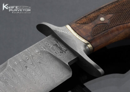 Ben Seward Custom Knife Fighter with Checkered Wood Handle and Hand Tooled Leather Sheath - Image 2