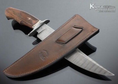 Ben Seward Custom Knife Fighter with Checkered Wood Handle and Hand Tooled Leather Sheath - Image 7