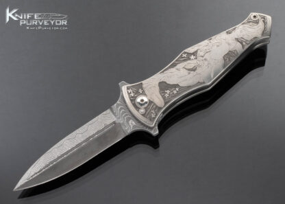 Jurgen Schanz Custom Knife Liner Lock Flipper Dagger Dinosaur vs Comic Book Hero Engraved by Anja Dammenhayn 16496