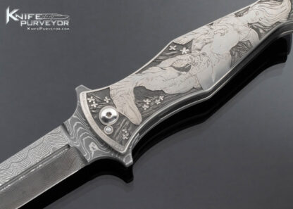 Jurgen Schanz Custom Knife Liner Lock Flipper Dagger Dinosaur vs Comic Book Hero Engraved by Anja Dammenhayn - Image 2