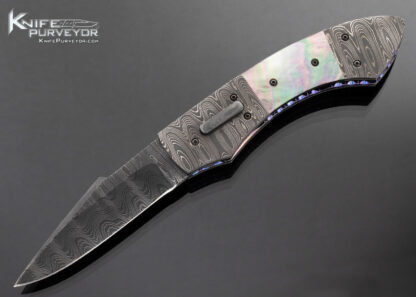 Jim Minnick Custom Knife Ladder Pattern Damascus and Black Lip Tahitian Pearl Automatic Linerlock 16514