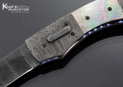 Jim Minnick Custom Knife Ladder Pattern Damascus and Black Lip Tahitian Pearl Automatic Linerlock - Image 2