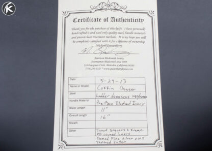 Mike Quesenberry J.S. Custom Knife Sole Authorship Damascus and Mammoth Dagger 16621