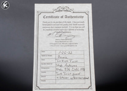 Mike Quesenberry M.S. Custom Knife Sole Authorship Damascus Stabilized Amboyna Burl Fixed Blade 16620