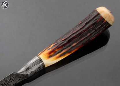 David Lisch MS Custom Knife Sole Authorship Damascus and Amber Stag Hunter with Sheath 16622