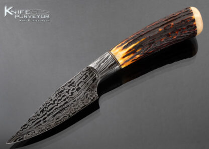 David Lisch MS Custom Knife Sole Authorship Damascus and Amber Stag Hunter with Sheath 16622