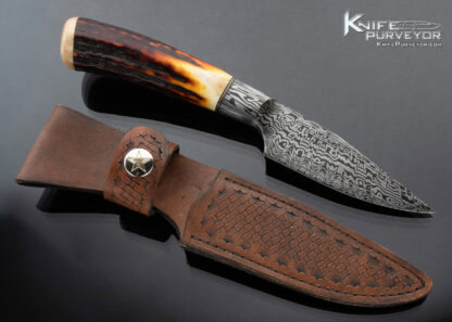 David Lisch MS Custom Knife Sole Authorship Damascus and Amber Stag Hunter with Sheath - Image 3