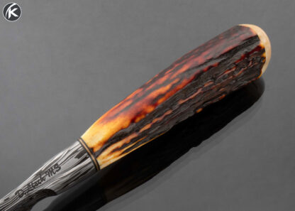 David Lisch MS Custom Knife Sole Authorship Damascus and Amber Stag Hunter with Sheath - Image 4