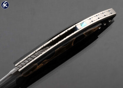 Corrie Schoeman Custom Knife Carbon Fiber and Resin Composite over Black G10 with Abalone Inlay Front Flipper - Image 4