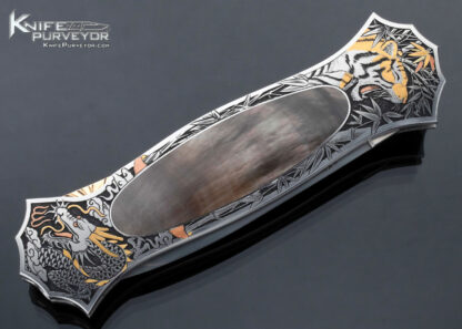 Joe Kious Custom Knife Black Lip Tahitian Pearl Shell Interframe Lockback Engraved by C.J. Cai - Image 5